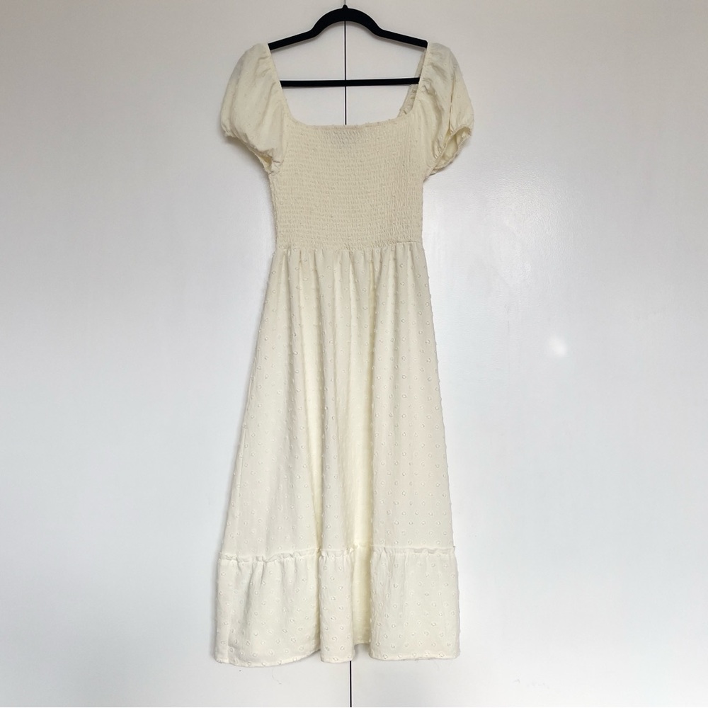 Cream dobby dot puff sleeve off-the-shoulder smocked a-line midi dress | Size M